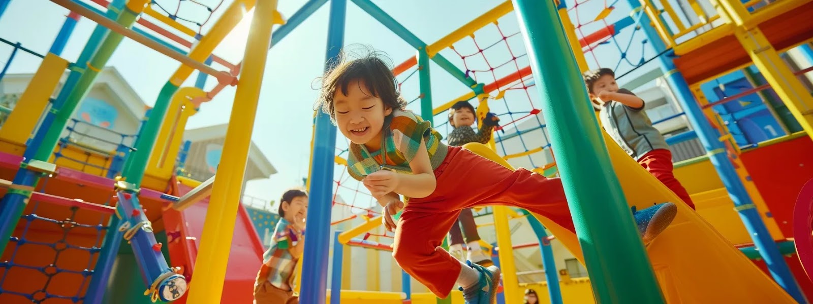 children joyfully playing and climbing on a colorful jungle gym in a well-equipped daycare setting.