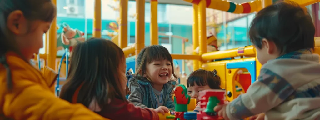 a group of preschoolers playing together in a colorful, interactive play area, laughing and sharing toys, while adults observe and encourage positive social behaviors.