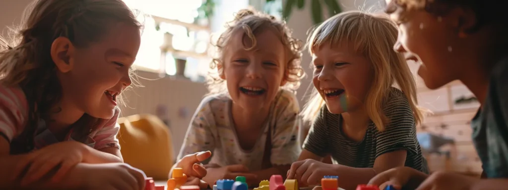 a group of preschoolers engaged in a lively group game, smiling and collaborating with one another, building essential social skills for their future interactions.