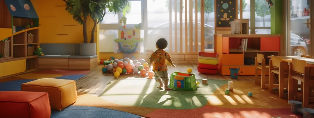 a child exploring a colorful, interactive play area at a daycare, surrounded by caring and attentive educators.