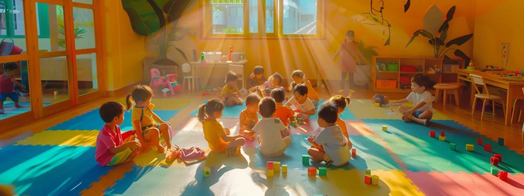 a colorful, cheerful daycare center with a diverse group of happy children playing and learning together.