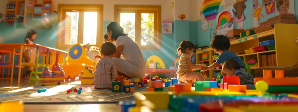 a group of daycare staff engaging warmly with children in a bright, colorful playroom filled with educational toys and books.