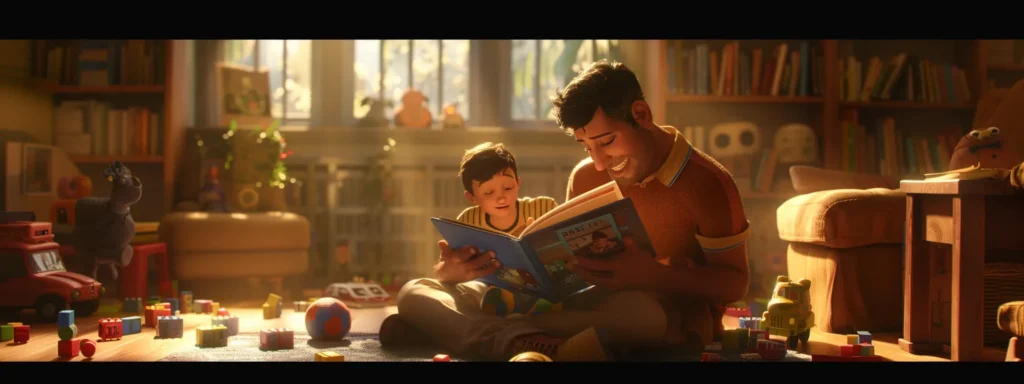 a smiling parent reading a book with their child surrounded by toys in a cozy, sunlit room.