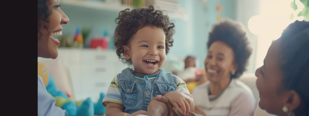 a smiling parent receiving a government-funded daycare voucher, while a friendly daycare worker assists in the background.