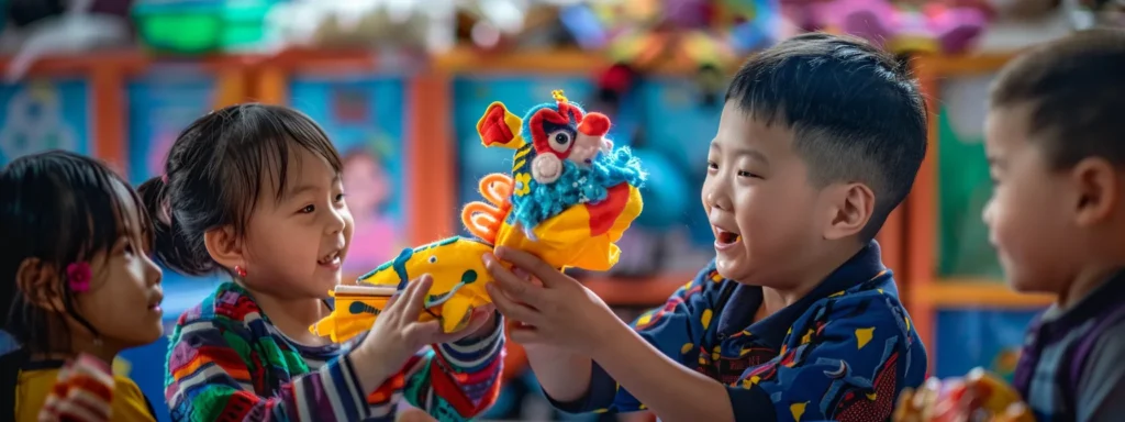 preschoolers engaged in a colorful puppet show, expressing a variety of emotions and working together to create stories, fostering teamwork and collaboration for social development.