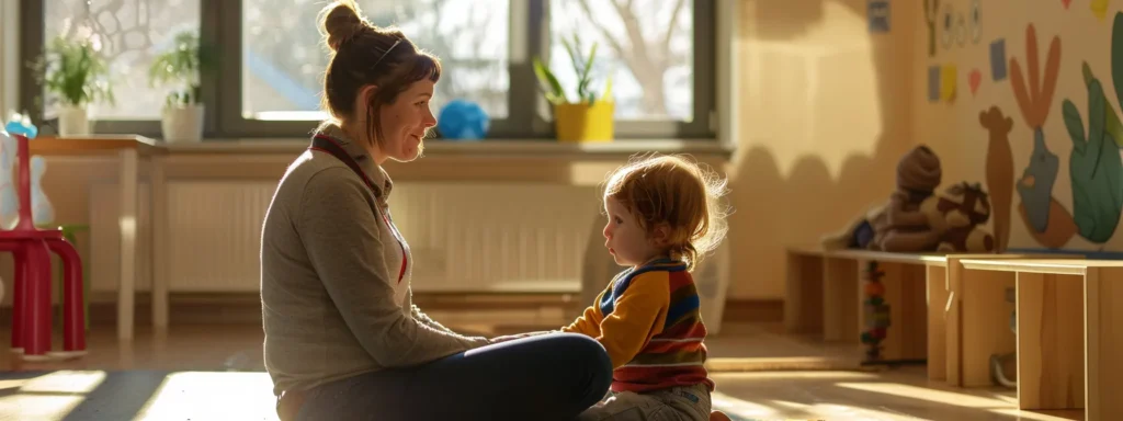 a caregiver sitting calmly with a toddler in a designated time-out corner, fostering a supportive and reflective atmosphere.