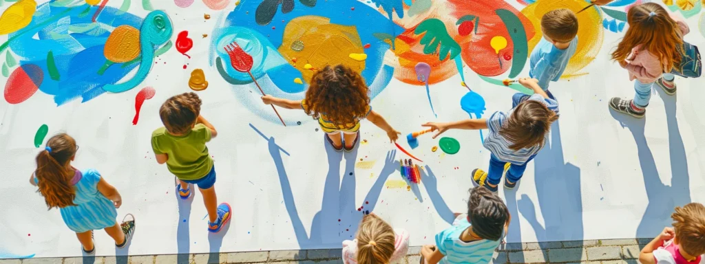 a group of children joyfully painting colorful murals on a massive white canvas outdoors.