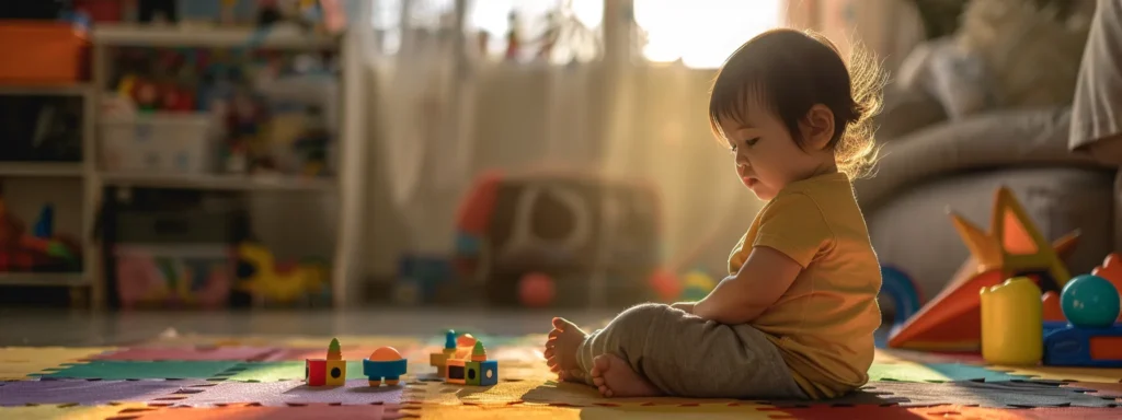 a toddler sitting calmly on a colorful mat with toys scattered around, engaged in a quiet activity.