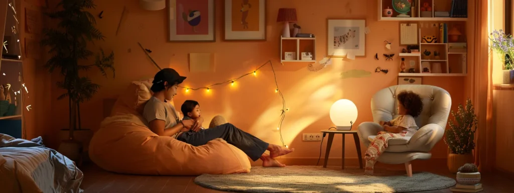 a calm, organized bedroom setting with a cozy timeout chair, a visible timer, and a parent engaging in a calm conversation with a child.